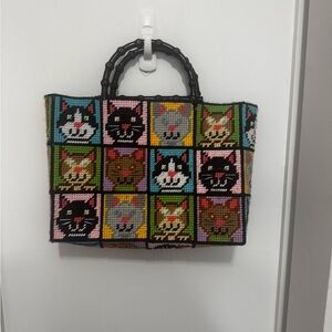 Vintage crochet/cross-stitch Colorful Cat Pattern Tote Bag